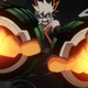 Bakugo's hands are outstretched, glowing with a warm orange glow as he hurls himself in front of his enemy to attack.